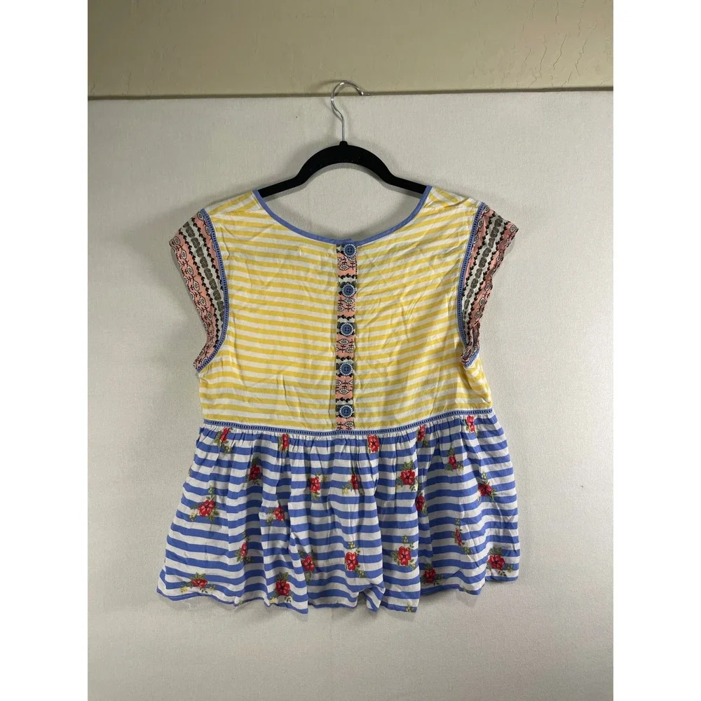 Matilda‎ Jane Mixed Media Striped Floral Babydoll Top Yellow Blue Cap Sleeve XL